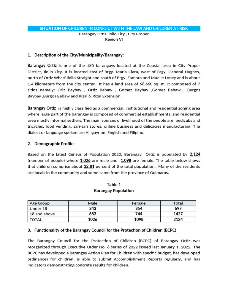 Brgy. Ortiz Write Up Situation of Car Cicl Brgy Level | PDF | Rape ...