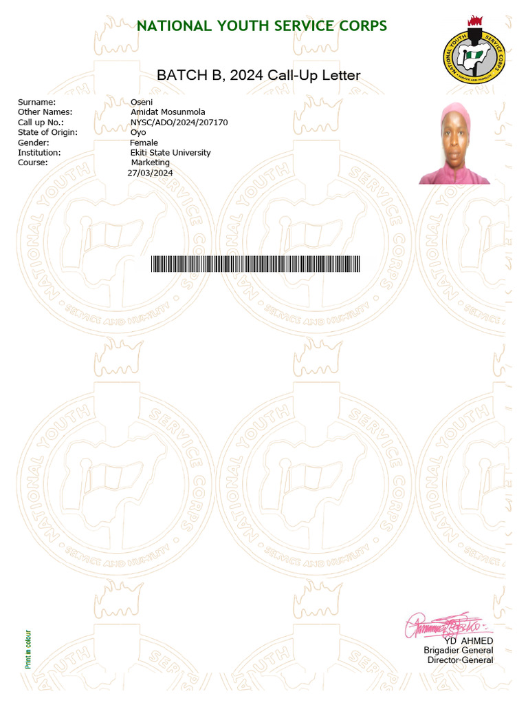 NYSC Call-Up Letter for Oseni Amidat | PDF | Government