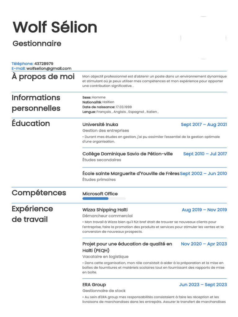 CV de Wolf Sélion - Gestionnaire | PDF | Haïti