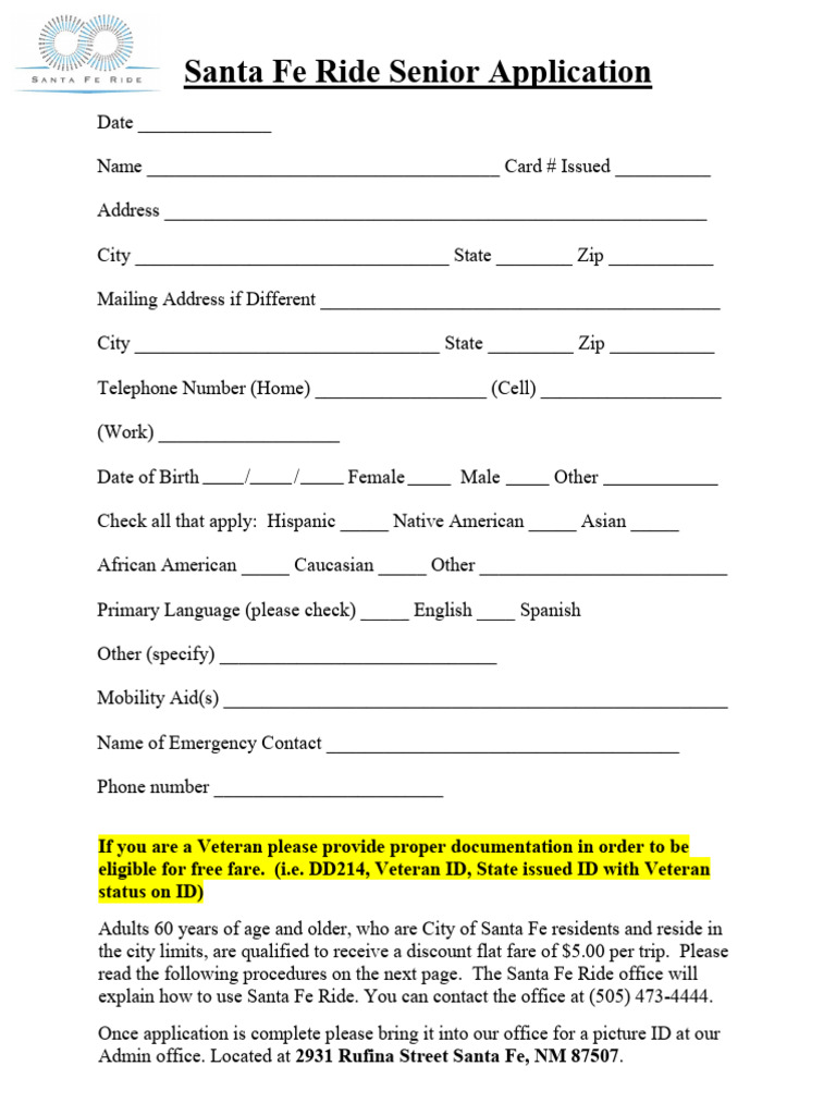 Santa Fe Ride Senior Application Form | PDF