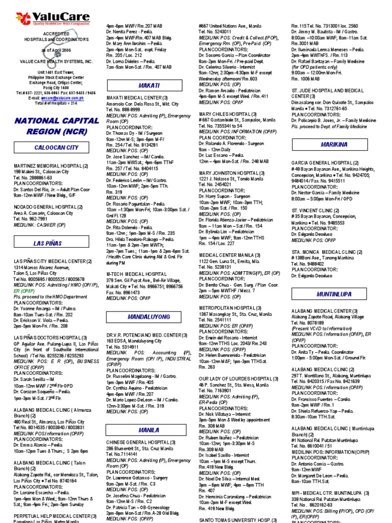 ValuCare Accredited Hospitals List | PDF | Clinical Medicine | Medical ...