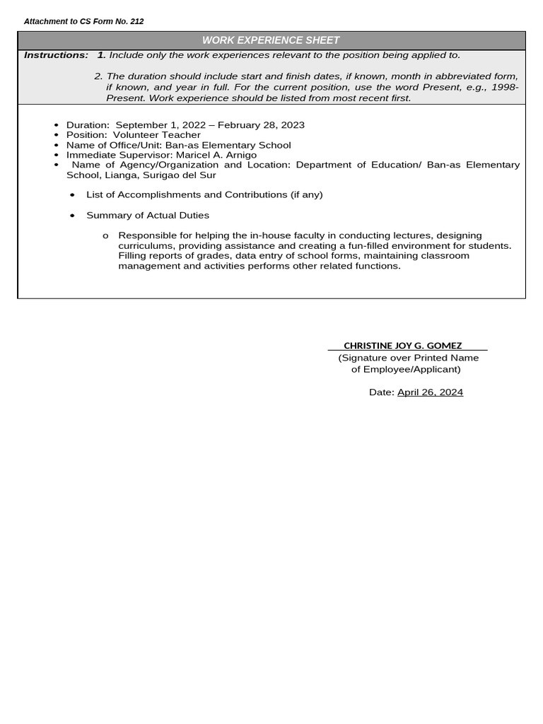 CS Form No. 212 Attachment - Work Experience Sheet | PDF