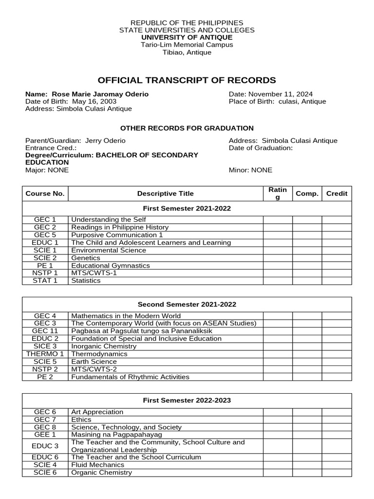 Official Transcript of Records | PDF | Science