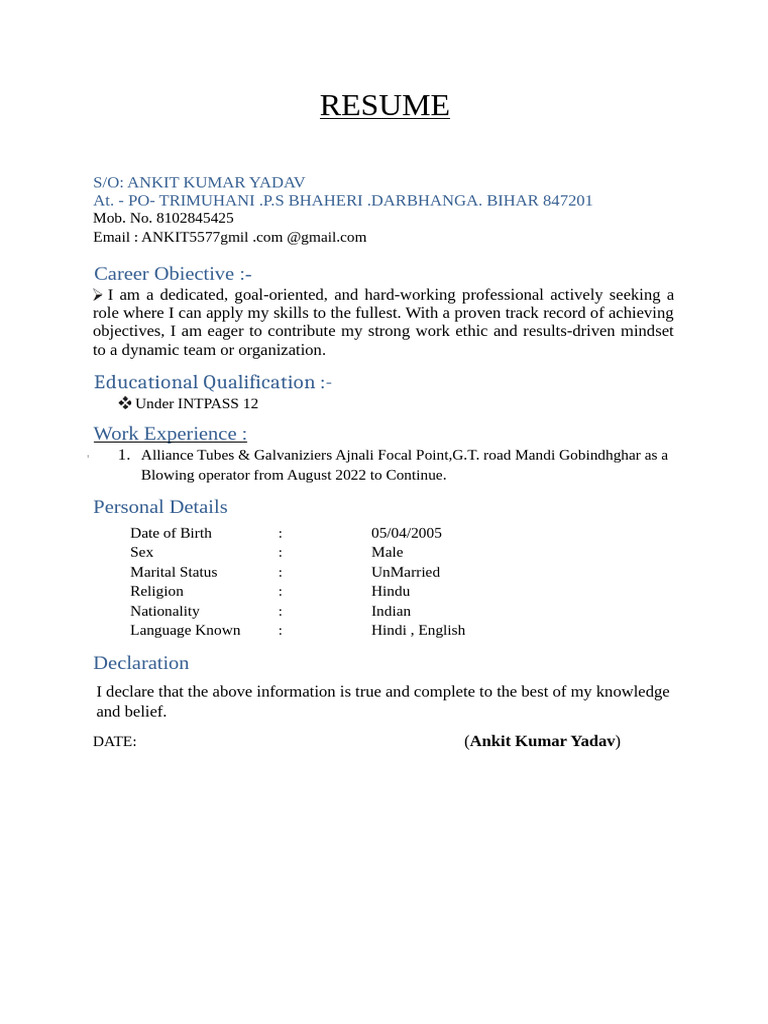Ankit Kumar Yadav's Resume | PDF