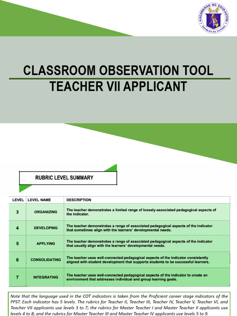 COT Rubric for Teacher VII Applicants | PDF | Educational Assessment ...