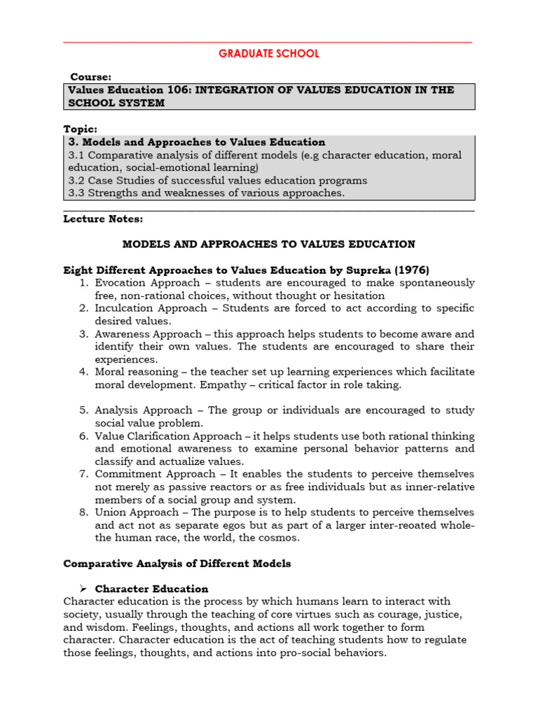 Models and Approaches To Values Education | PDF | Learning | Teachers