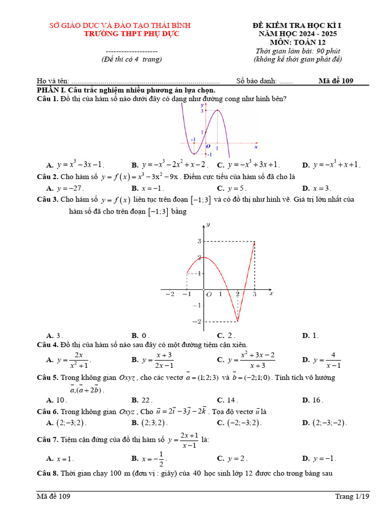 De Hoc Ki 1 Toan 12 Nam 2024 2025 Truong THPT Phu Duc Thai Binh | PDF