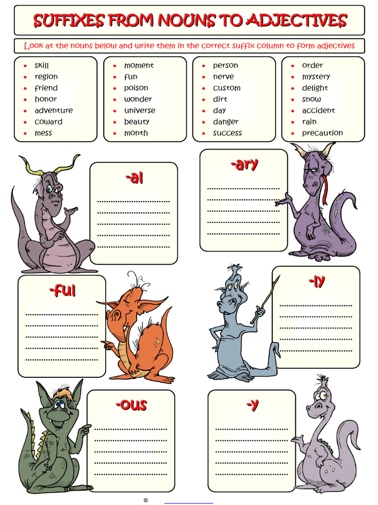 Common Suffixes From Nouns To Adjectives Categorizing Grammar Exercise ...