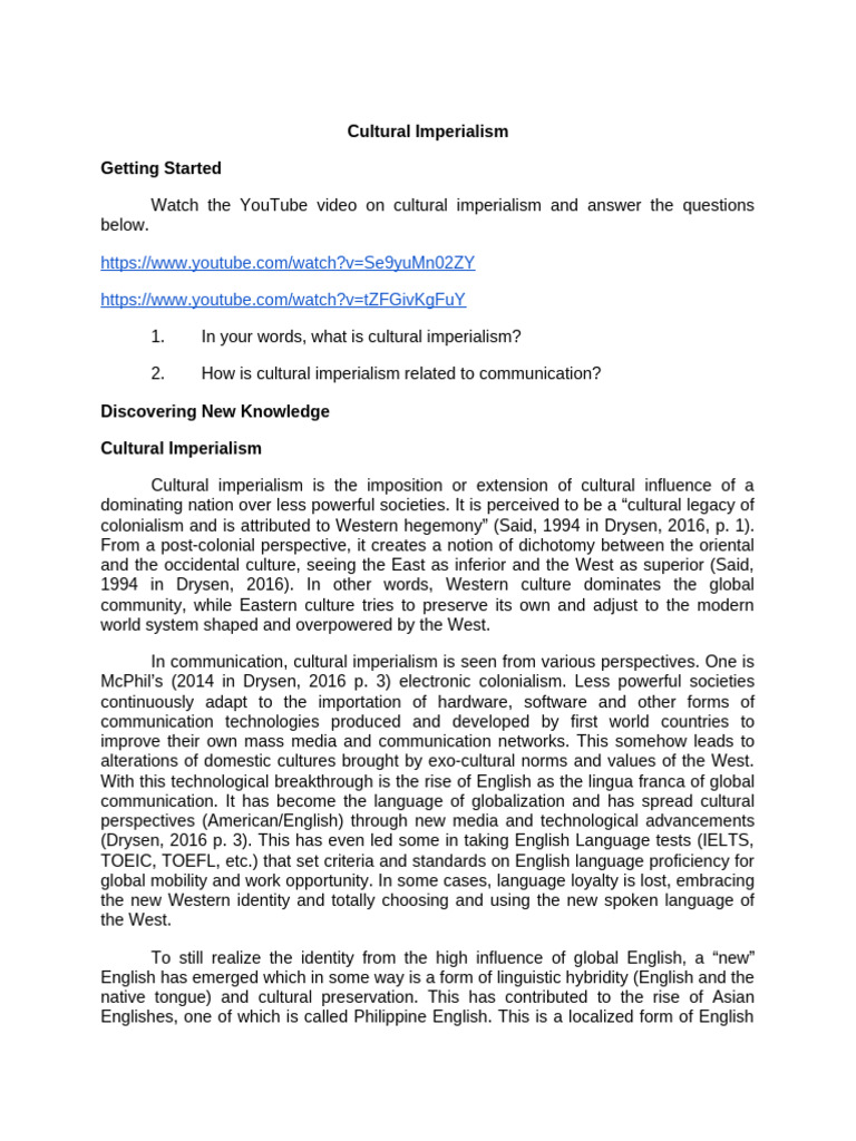 Cultural Imperialism Lesson | PDF | Imperialism | English Language