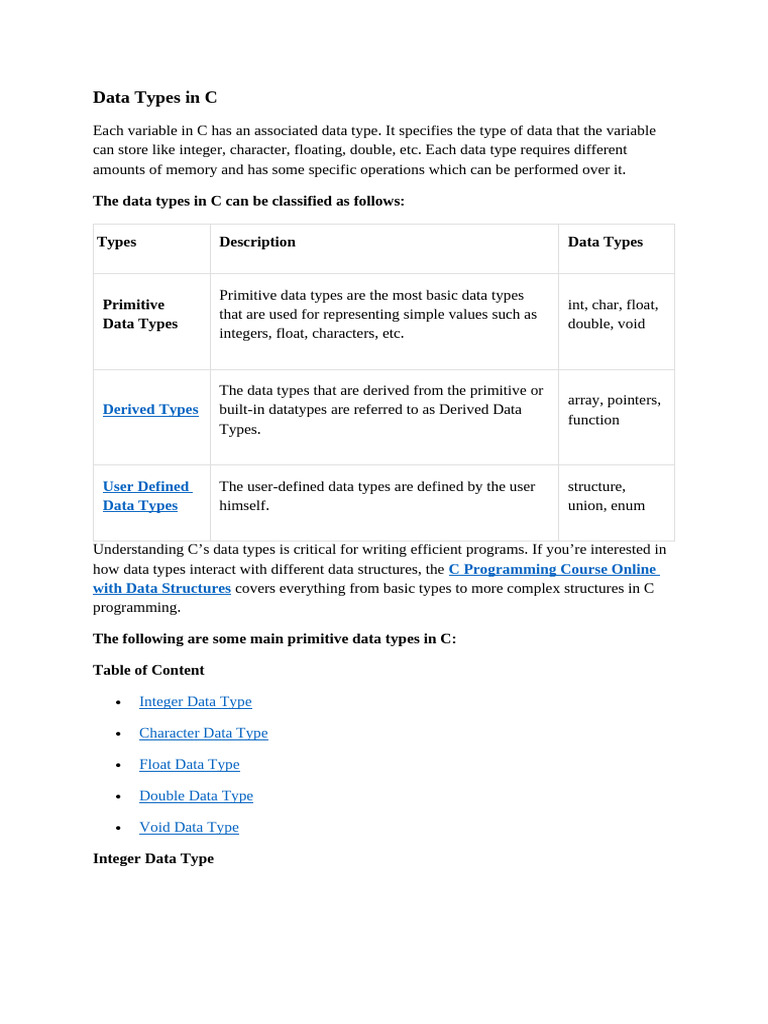 Data Types in C | PDF | Pointer (Computer Programming) | Integer ...
