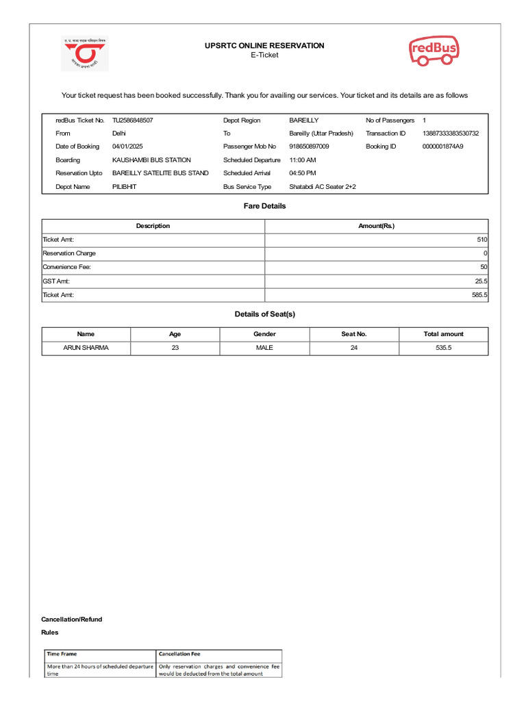 UPSRTC Online Bus Ticket Confirmation | PDF | Bus Transport | Public ...