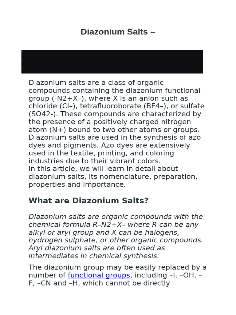 Overview of Diazonium Salts | PDF | Amine | Salt (Chemistry)