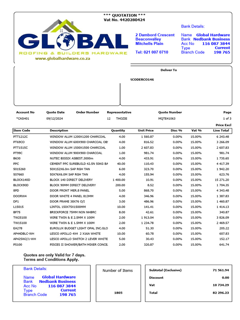 Detailed Quotation for Global Hardware | PDF | Building Engineering ...
