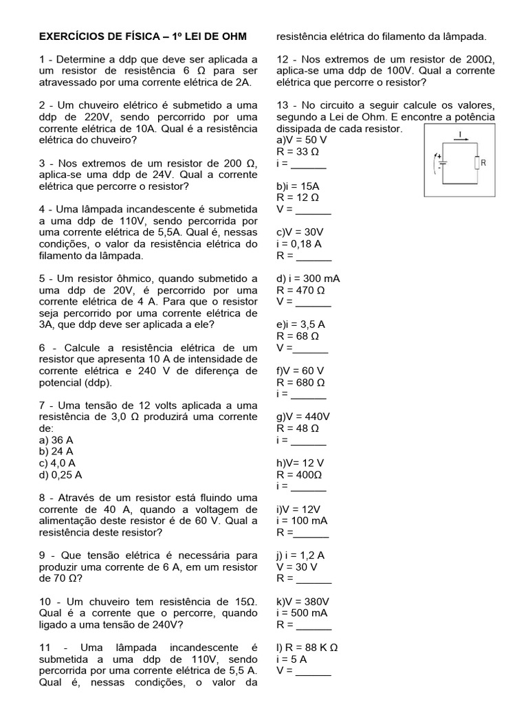 Exercícios Práticos da 1ª Lei de Ohm | PDF | Resistência elétrica e ...
