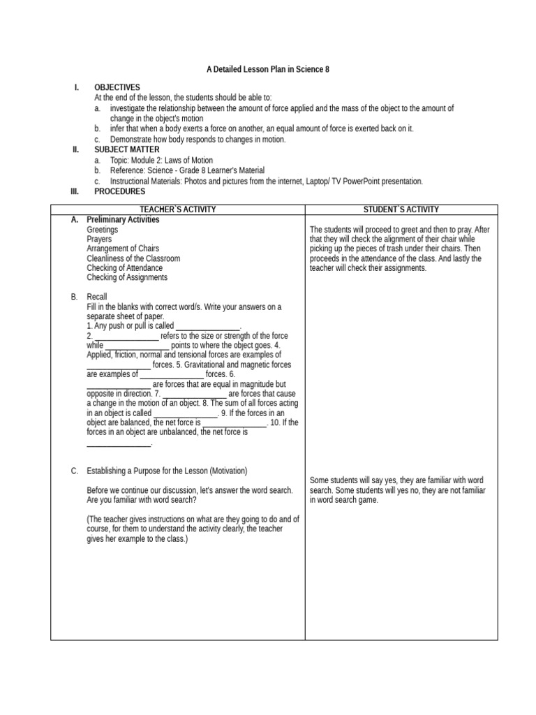 Detailed Lesson Plan Law of Motion | PDF | Force | Newton's Laws Of Motion