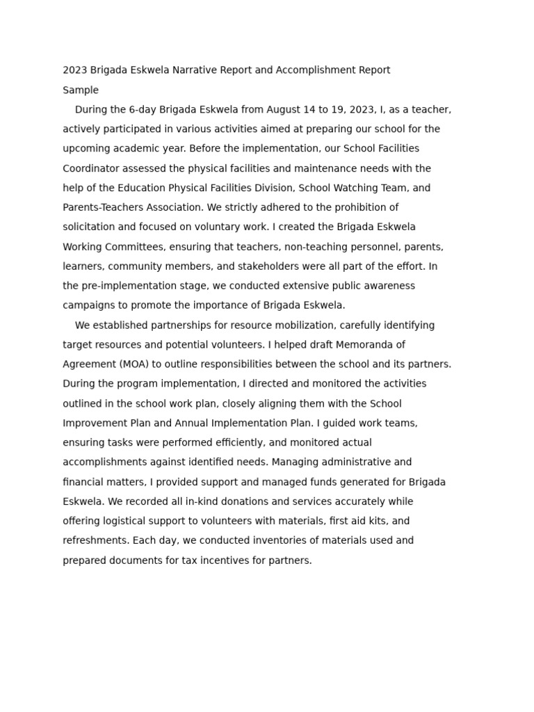 2023 Brigada Eskwela Narrative Report and Accomplishment Report | PDF ...