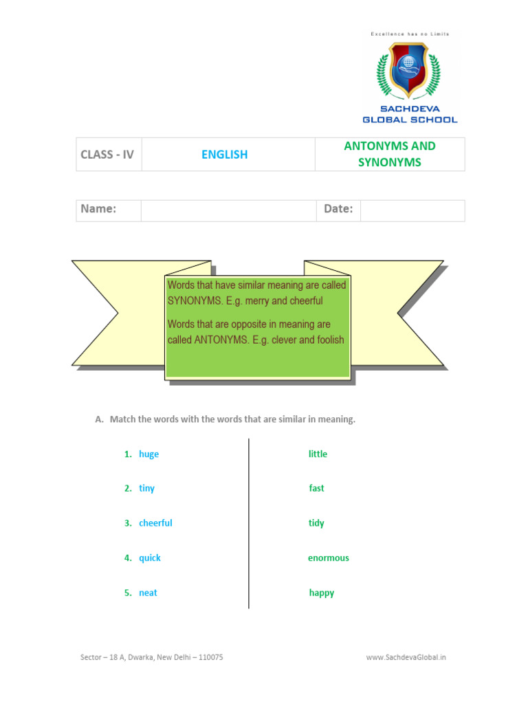 Class 4 Antonyms and Synonyms Worksheet | PDF