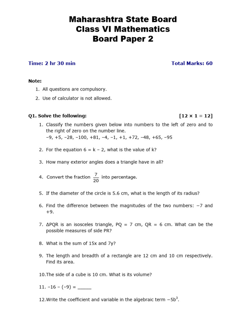 Maharashtra Class VI Math Board Paper | PDF | Triangle | Circle