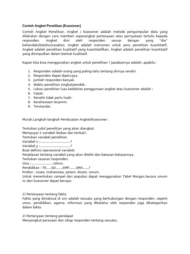 Contoh Angket Penelitian Kuesioner | PDF