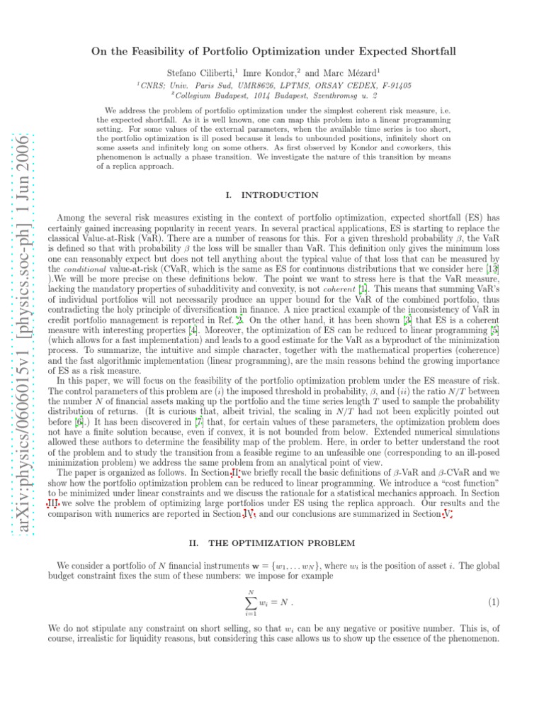 Portfolio Optimization under Expected Shortfall | PDF | Value At Risk ...