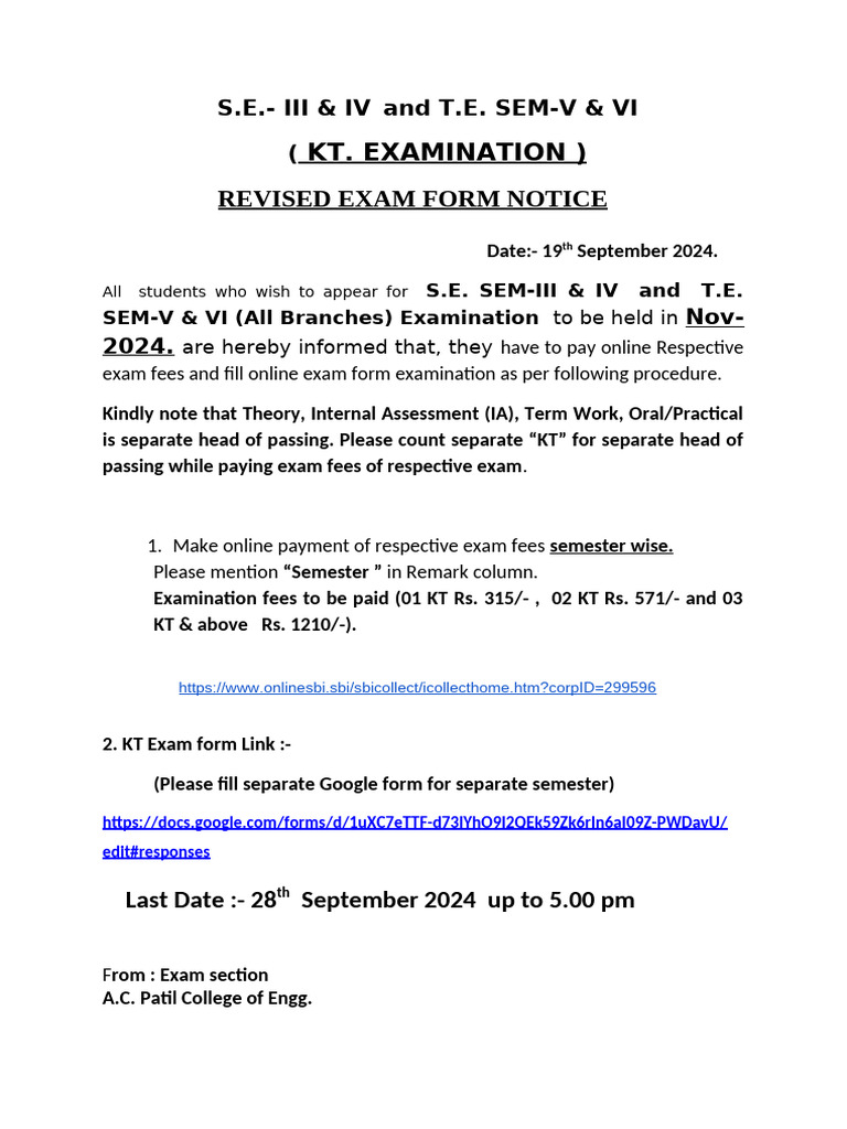 Revised - 24 - Nov - SEM 3 To 6 KT - EXAM FORM NOTICE | PDF