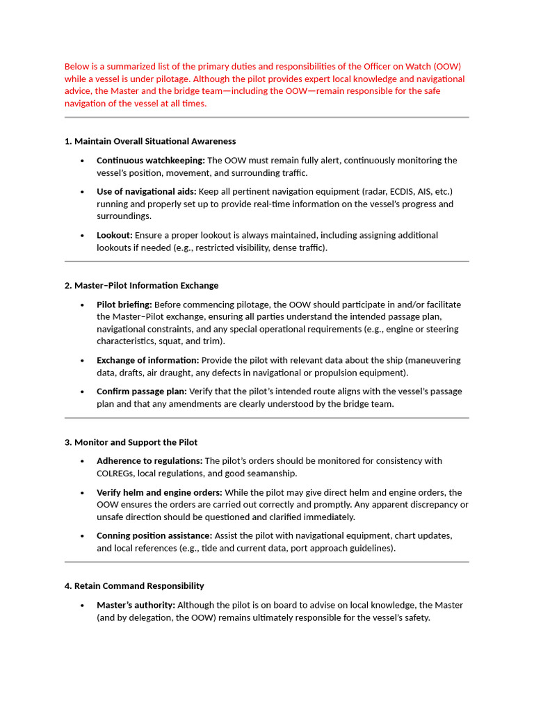 OOW Duties During Pilotage | PDF | Maritime Pilot | Shipping