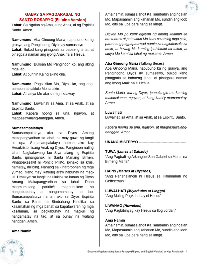 Gabay Sa Pagdarasal NG Santo Rosaryo (Filipino and English Version) at ...