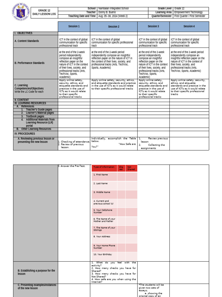 Grade 12 Empowerment Tech Lesson Plan | PDF | Information And ...
