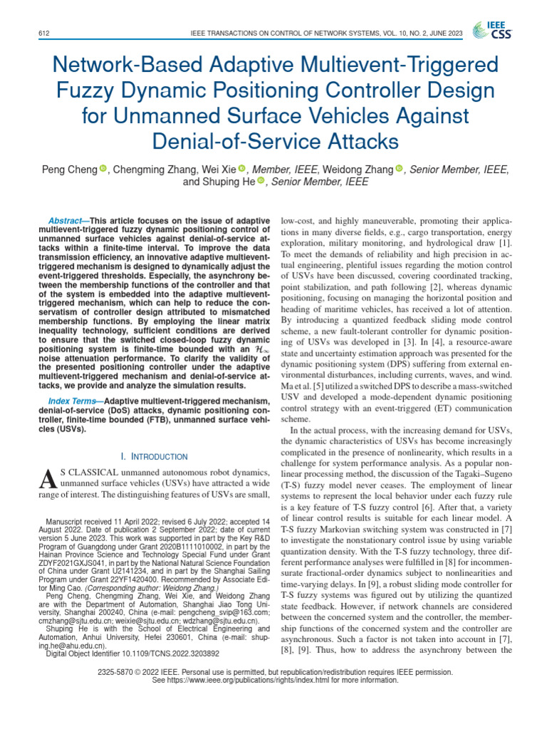 Adaptive Fuzzy Control for USVs Against DoS | PDF | Matrix (Mathematics ...