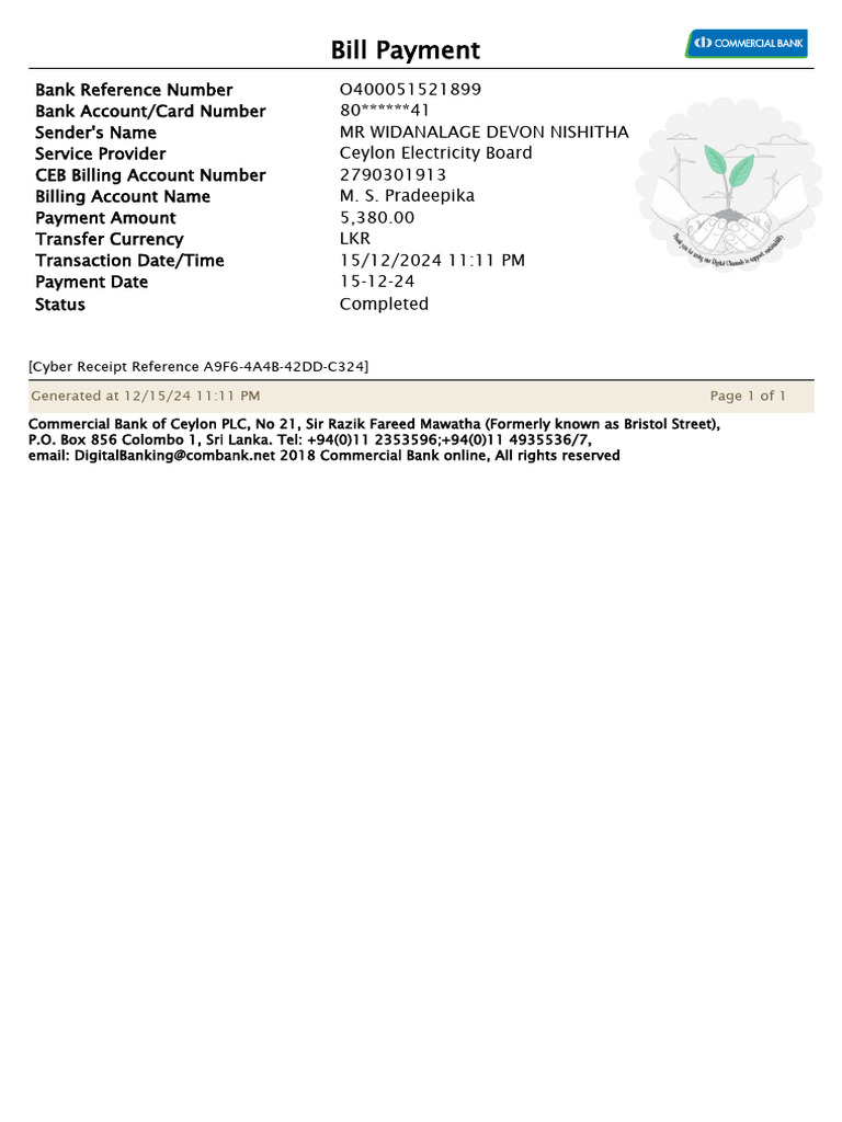 CEB Bill Payment Receipt - LKR 5,380.00 | PDF