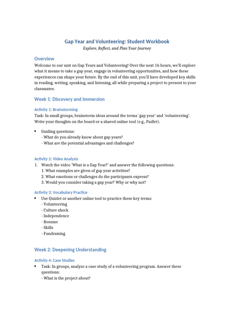 Gap Year Volunteering Student Workbook | PDF | Brainstorming | Volunteering