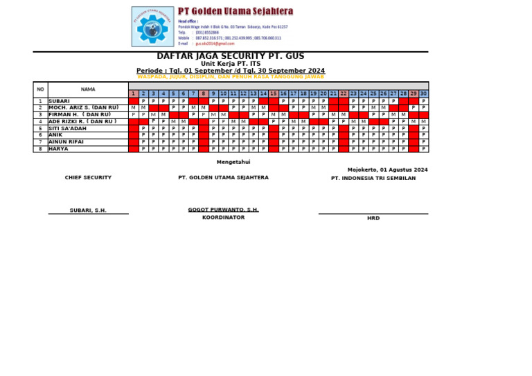 Jadwal Jaga Security PT. Golden Utama | PDF