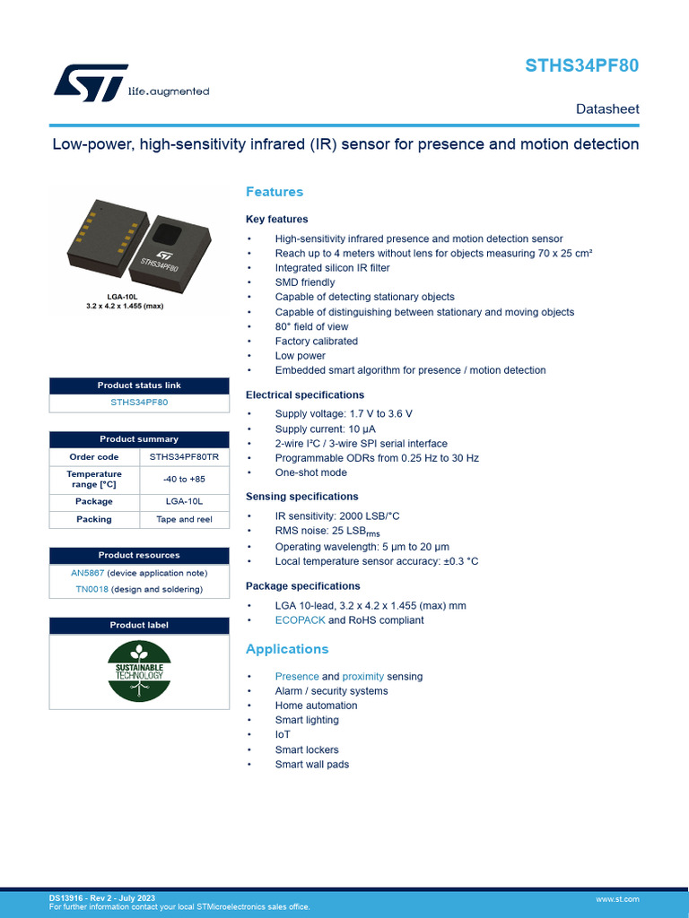 STHS34PF80 Infrared Sensor Overview | PDF | Infrared | Sensor