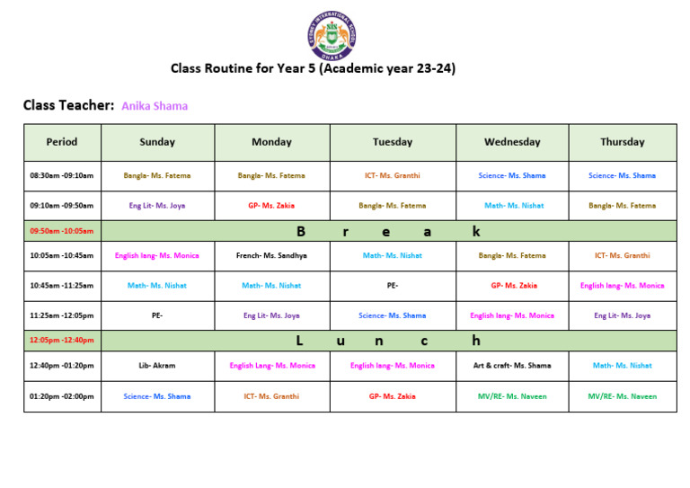 Class Routine For Year 5 Final L | PDF
