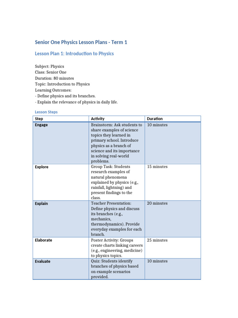 Senior One Physics Lesson Plans and Assessments Term 1 | PDF | Physics ...