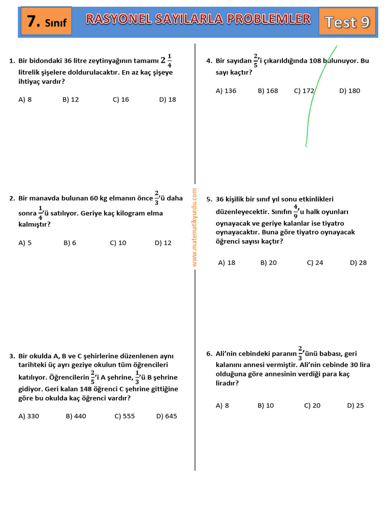 Test 9 - Rasyonel Sayılarla Problemler | PDF