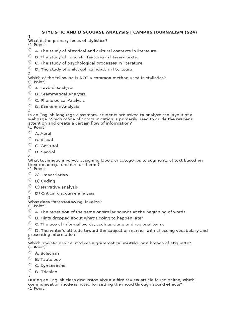 STYLISTIC AND DISCOURSE ANALYSIS quiz | PDF | Newspapers | Linguistics