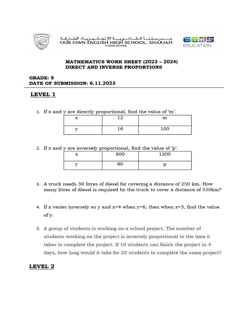 Grade 8 Direct and Inverse Proportions Worksheet | PDF | Biodiversity ...