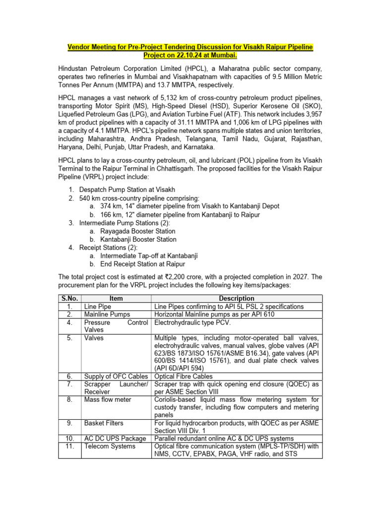 HPCL Vendor Meeting for VRPL Project | PDF | Electrical Engineering ...