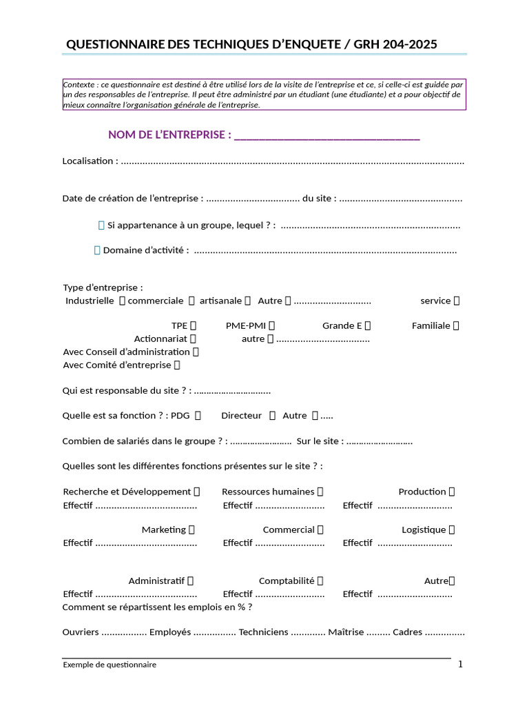 Questionnaire d'enquête sur l'entreprise | PDF | Business | Motivation