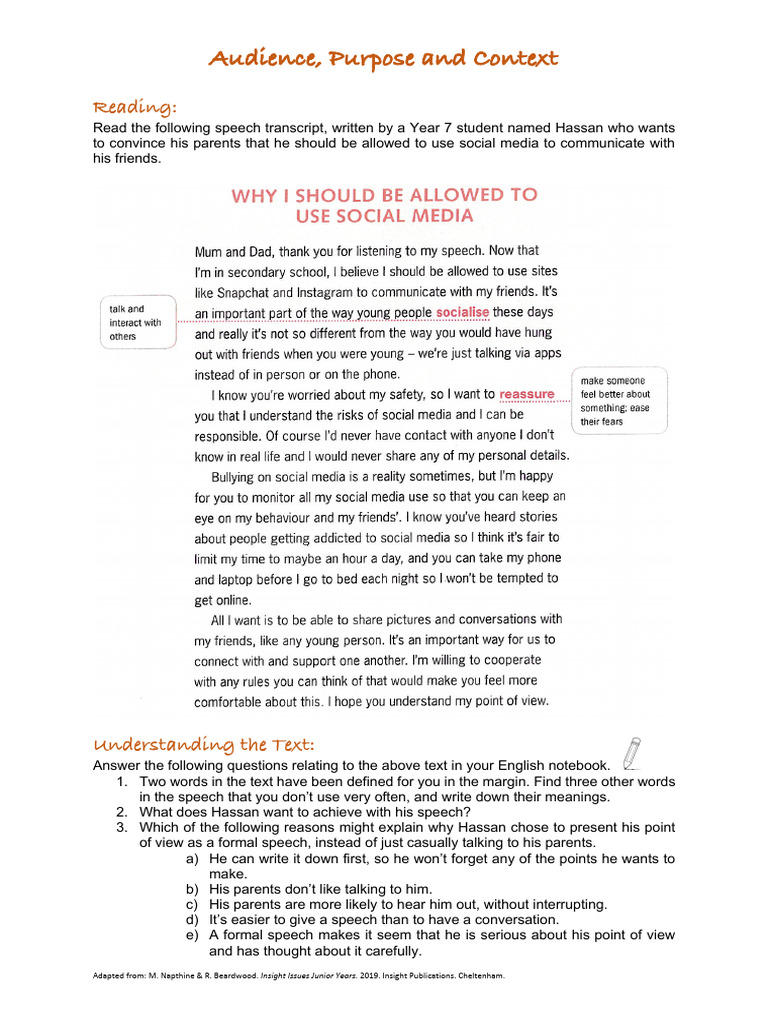 Understanding Audience And Purpose Pdf Reason Speech