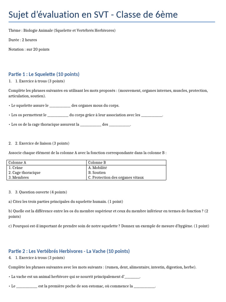 Évaluation SVT 6ème : Alimentation Humaine | PDF | Tractus gastro ...