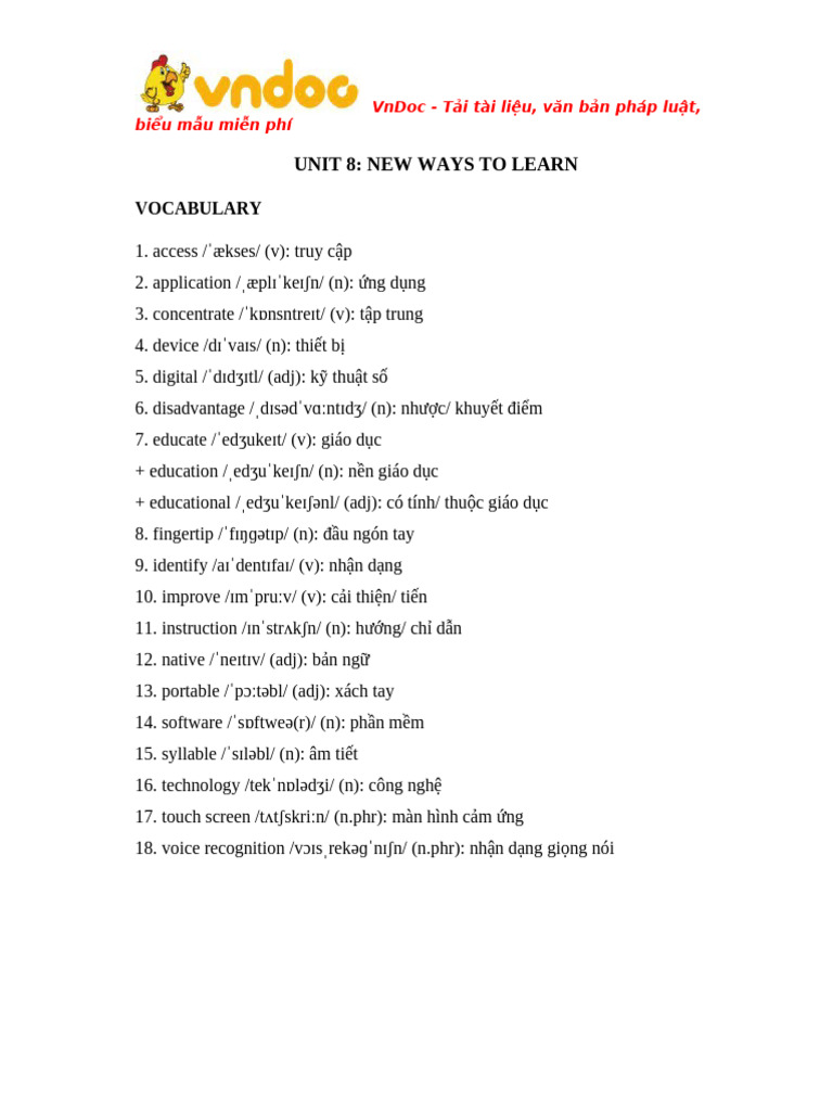 Tu Vung Lop 10 Unit 8 New Ways To Learn | PDF
