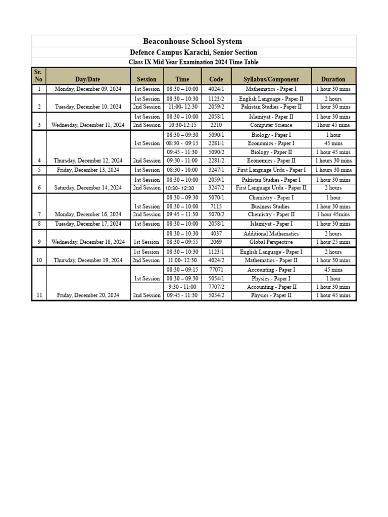 Class IX Mid Year Exam Schedule 2024 | PDF