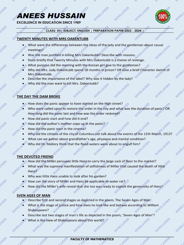 Xii-Anees Husain Preparation Paper 2024 - Homelander | PDF
