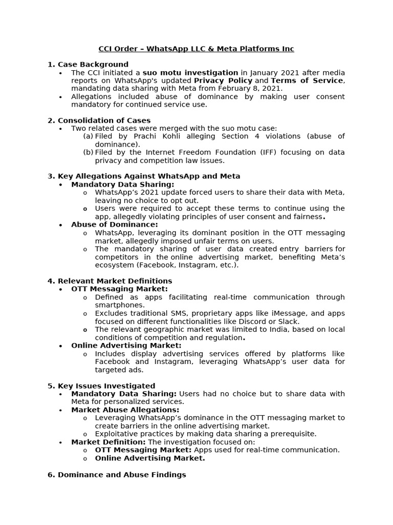 CCI Order - Summary (WhatsApp+Meta) | PDF | Privacy | Online Advertising