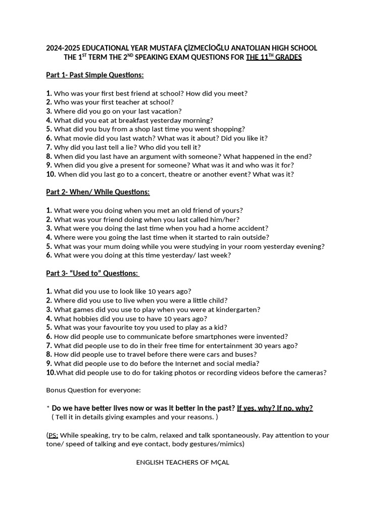 11th Grade Speaking Exam Questions | PDF