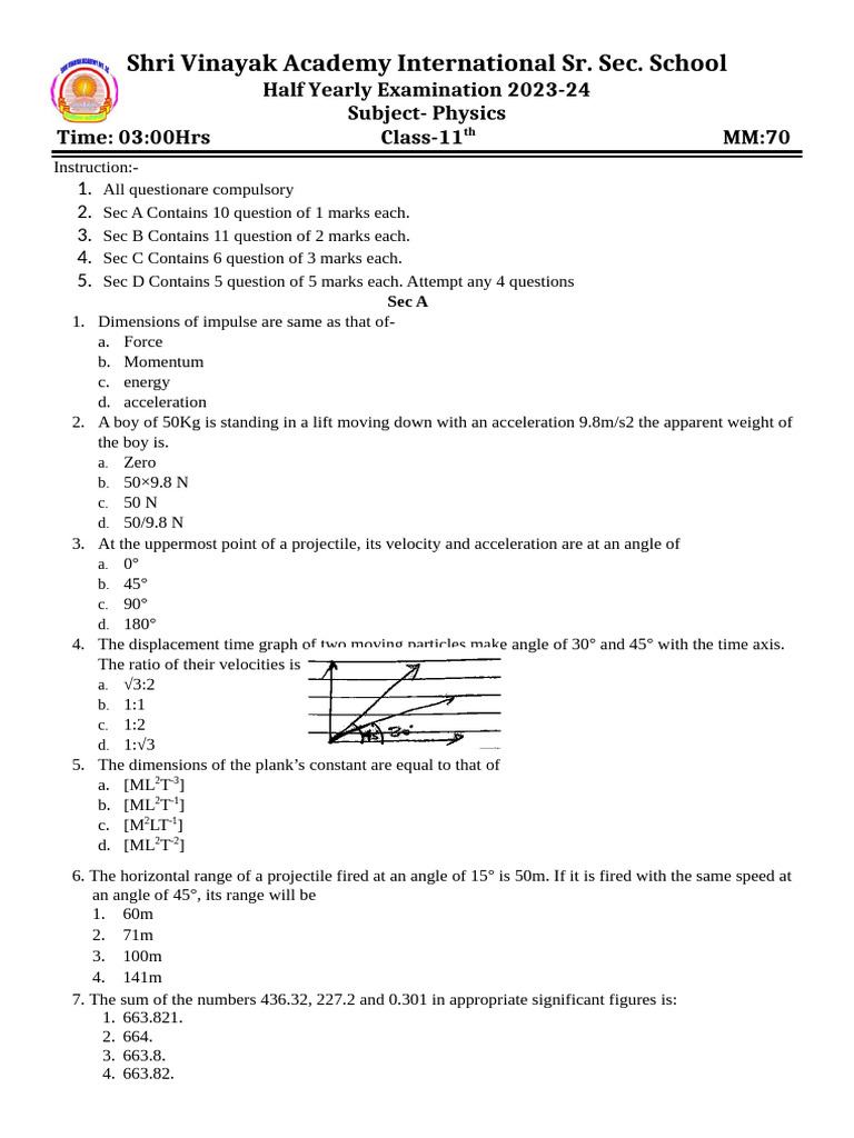 Class 11 Physics Half Yearly Exam 2023-24 | PDF | Force | Velocity