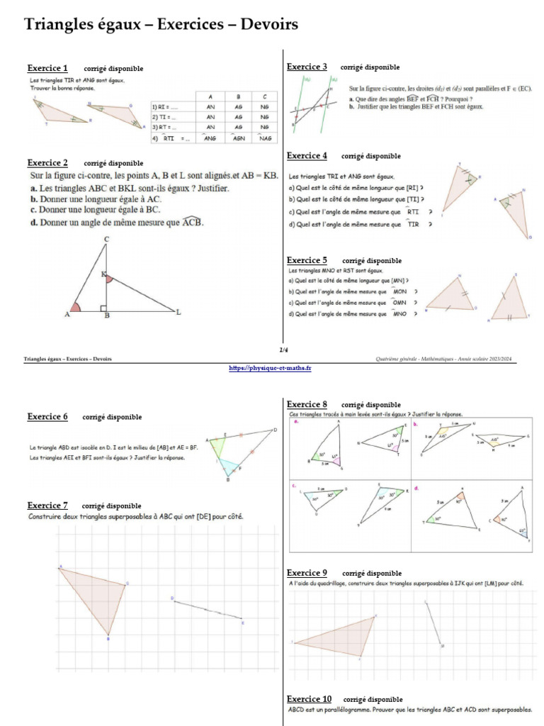 Exercices corrigés sur les triangles égaux | PDF