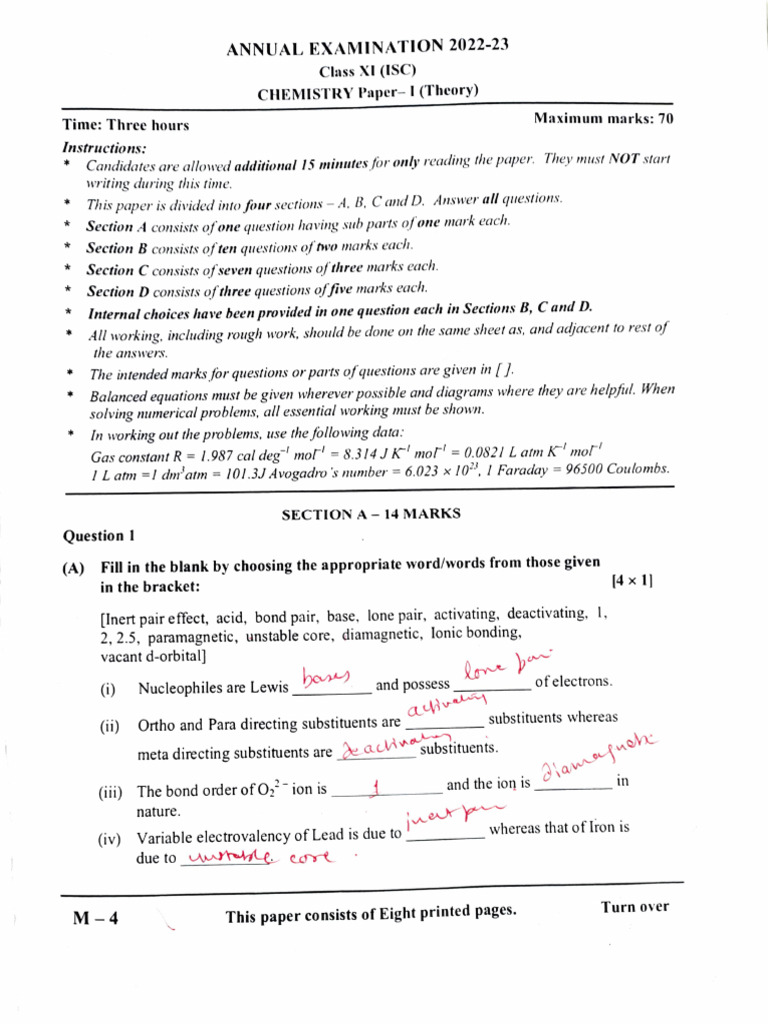 Class XI Chemistry Exam Paper | PDF | Chemical Reactions | Gases